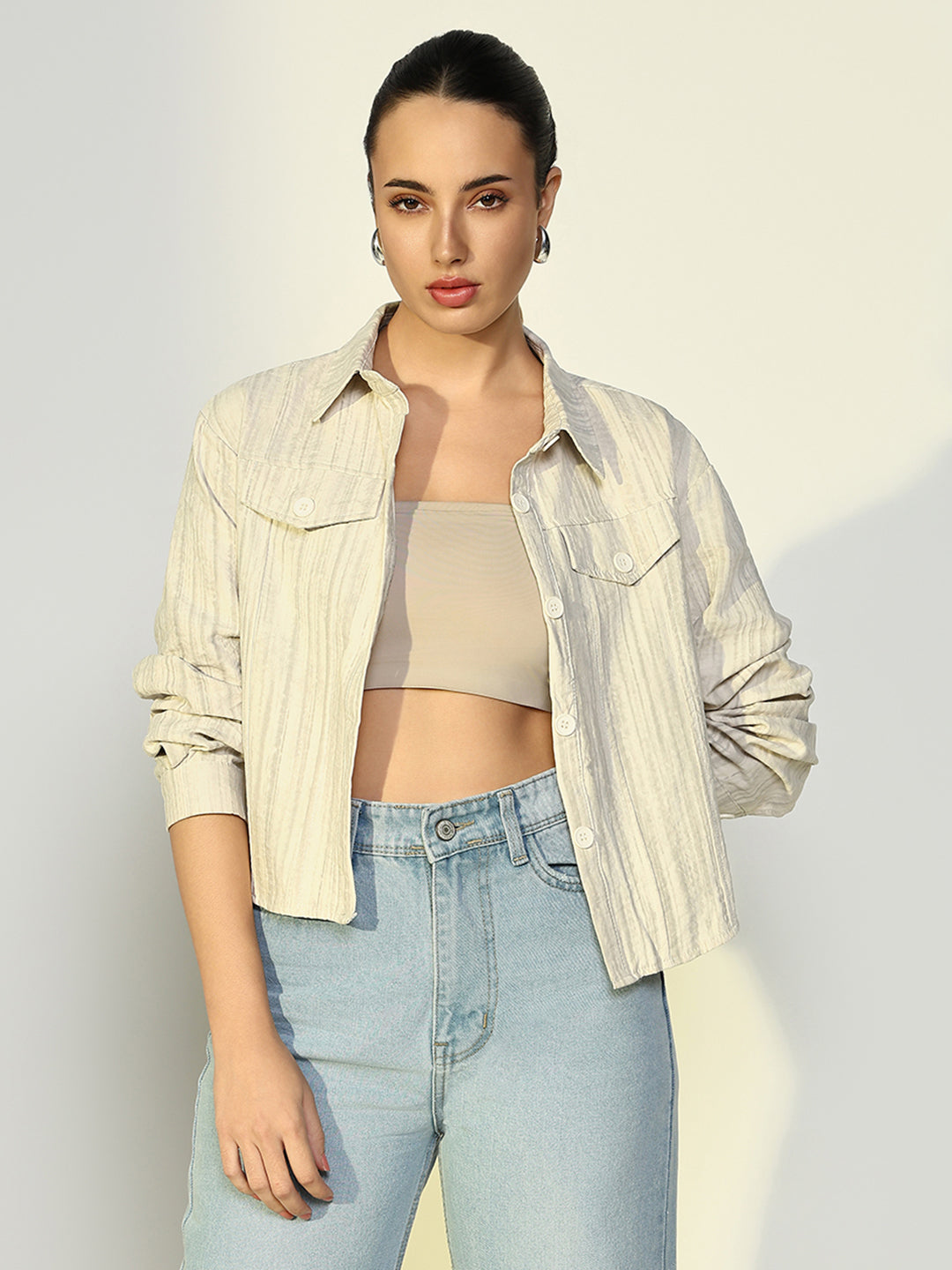 Women's Textured Striped Cream Tailored Jacket