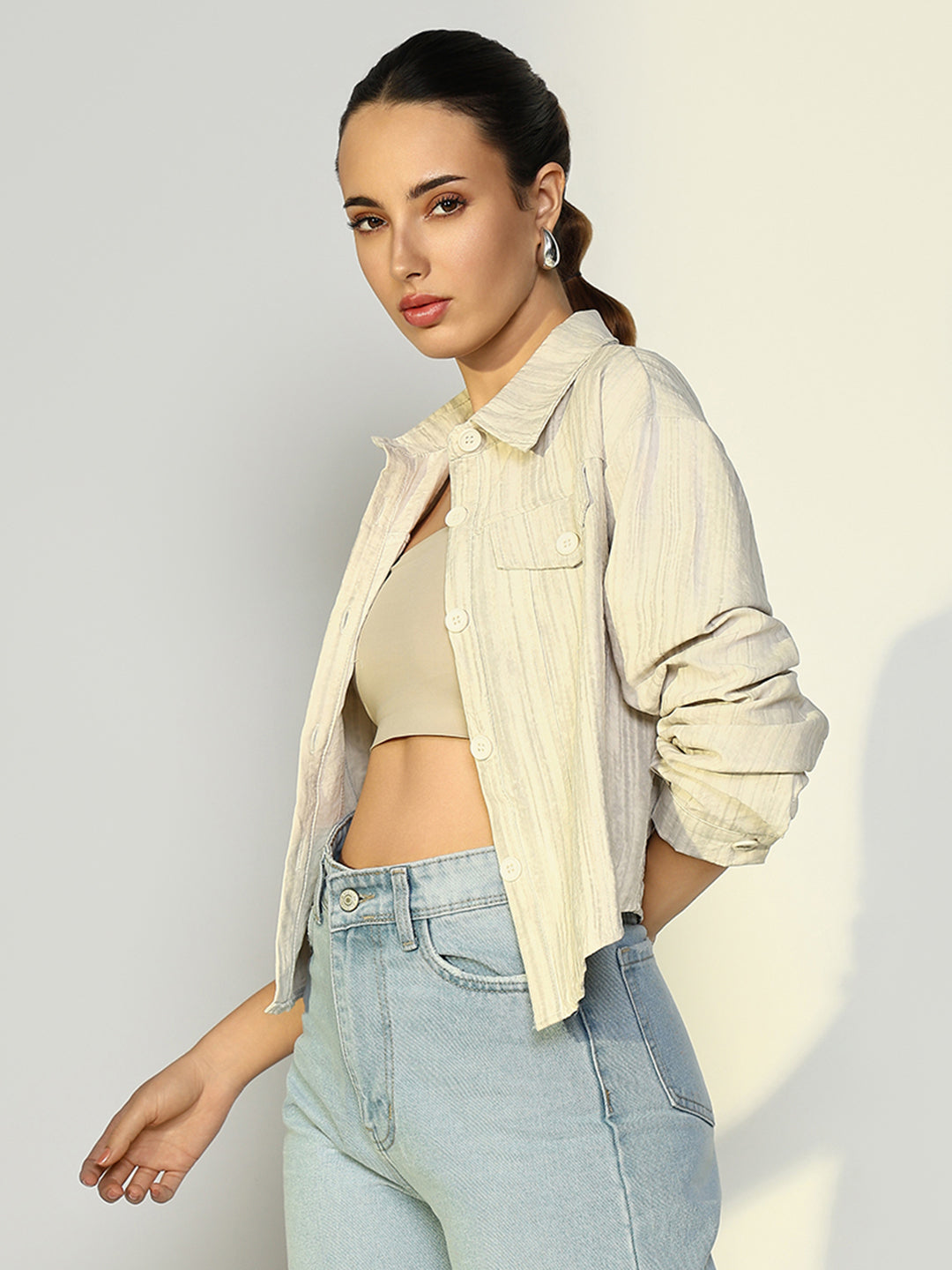 Women's Textured Striped Cream Tailored Jacket