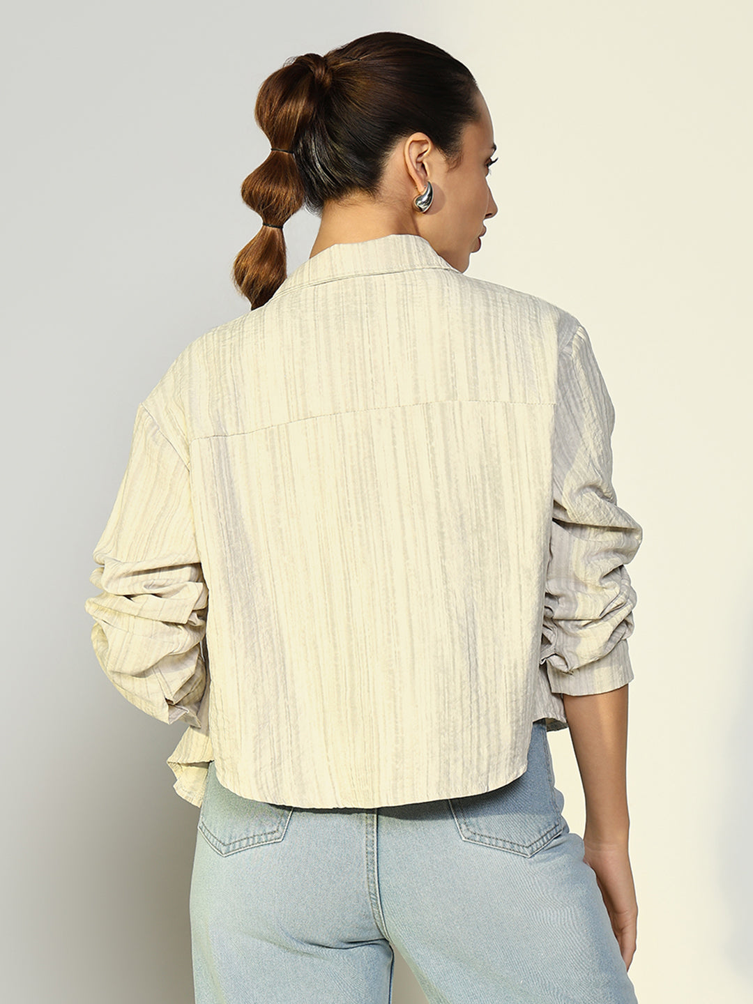 Women's Textured Striped Cream Tailored Jacket