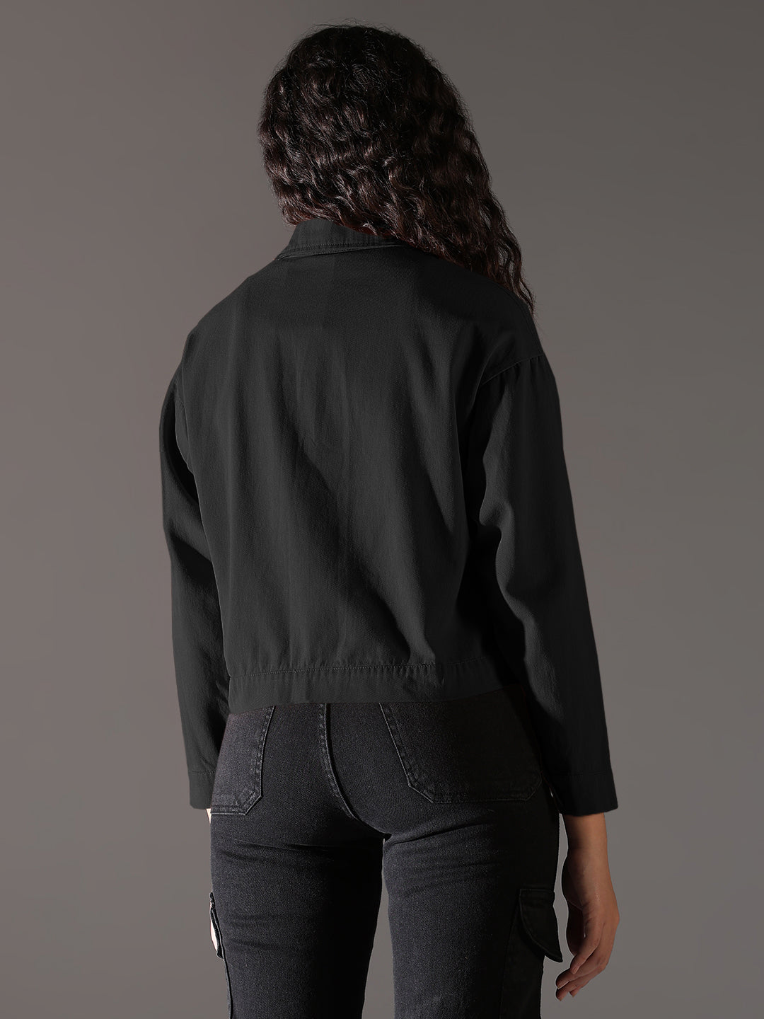 Women's Black Denim Jacket with Chest Pockets