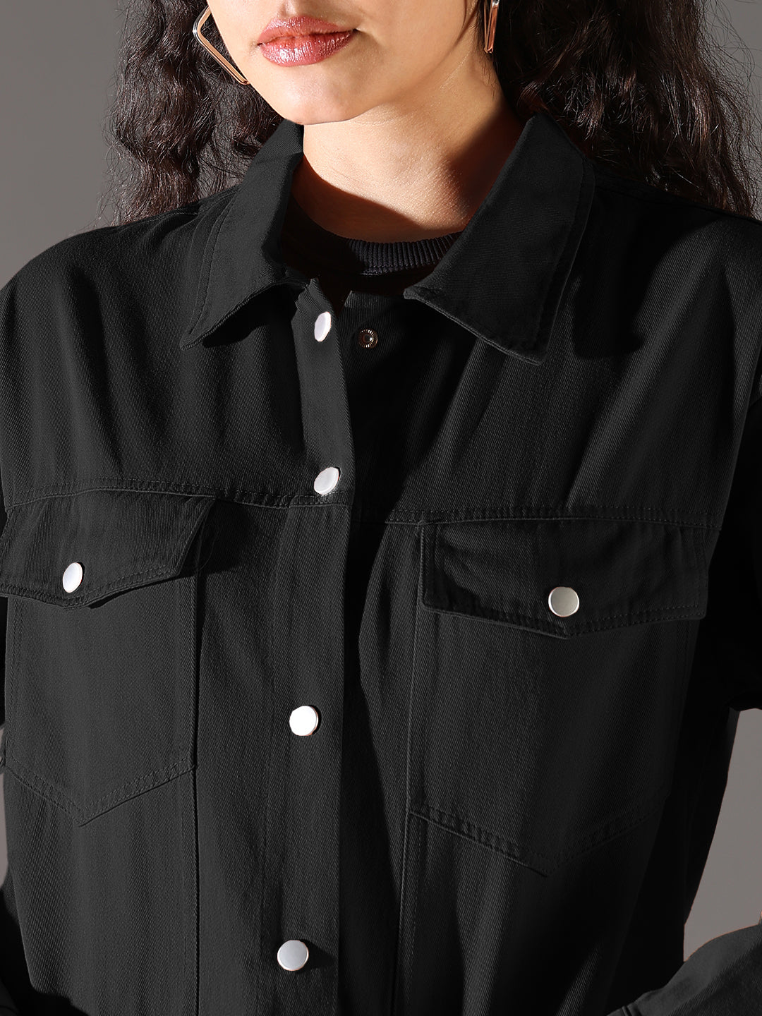 Women's Black Denim Jacket with Chest Pockets