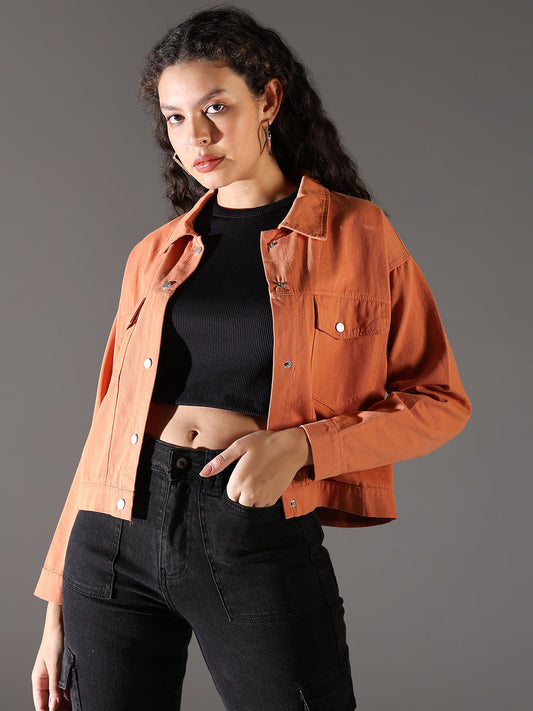 Women's Orange Spread Collar Solid Casual Denim Windcheater Jacket