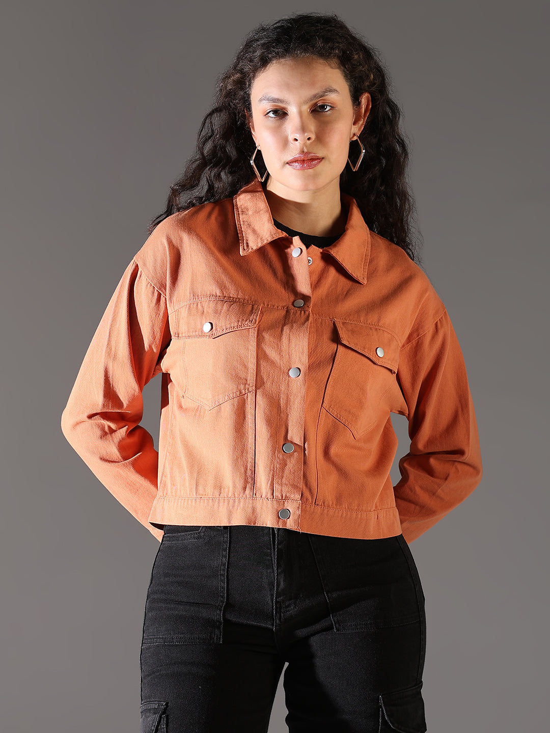 Women's Orange Spread Collar Solid Casual Denim Windcheater Jacket