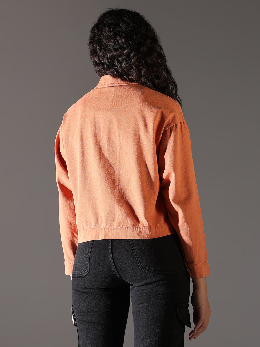 Women's Orange Spread Collar Solid Casual Denim Windcheater Jacket