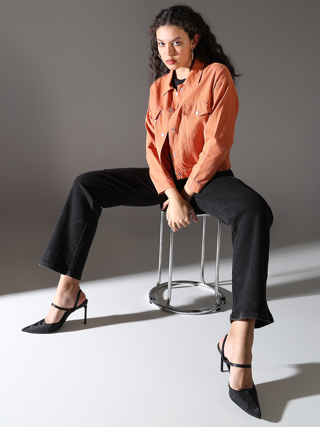 Women's Orange Spread Collar Solid Casual Denim Windcheater Jacket