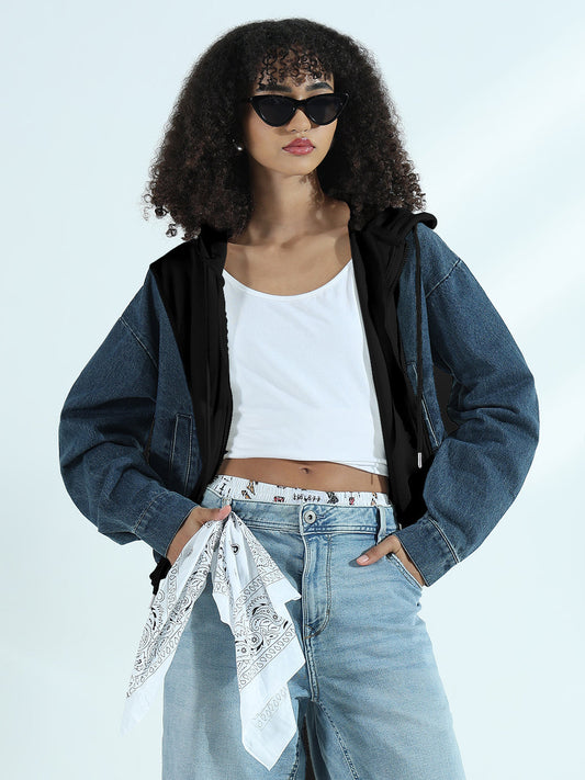 Women's Black and Denim Zip-Up Hoodie Jacket