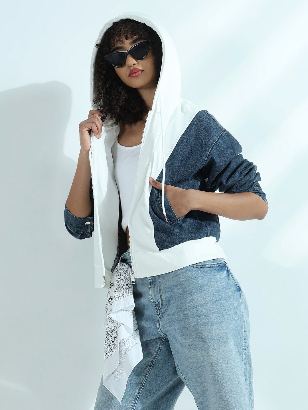 Women's White and Denim Zip-Up Hoodie Jacket