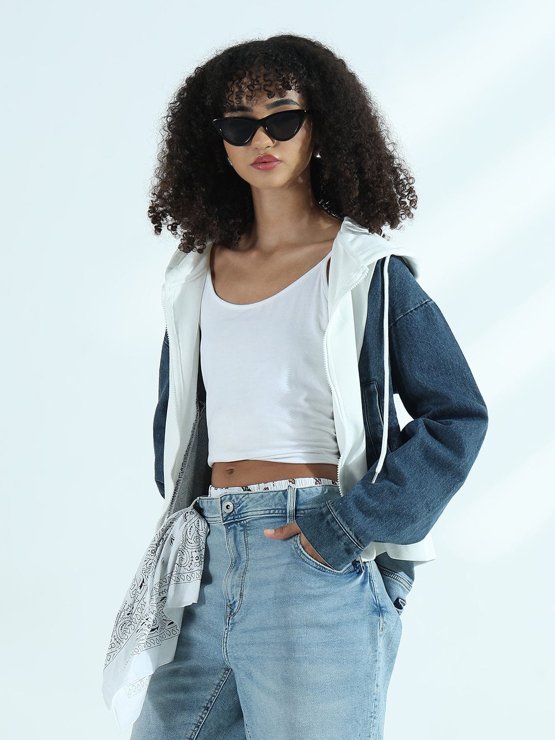 Women's White and Denim Zip-Up Hoodie Jacket