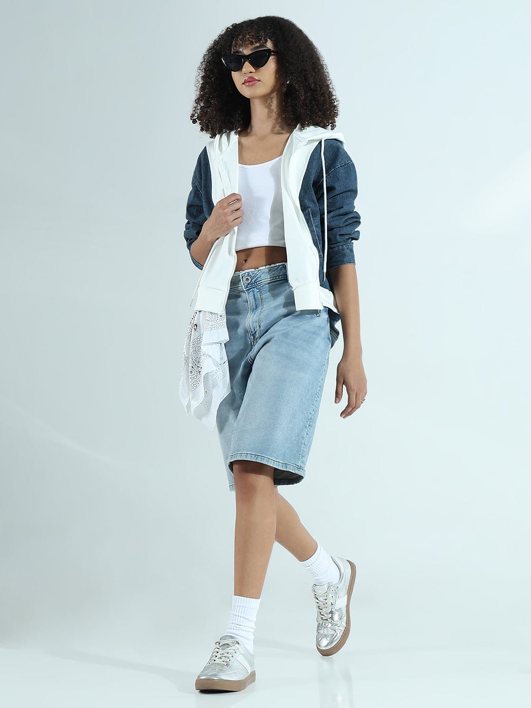 Women's White and Denim Zip-Up Hoodie Jacket