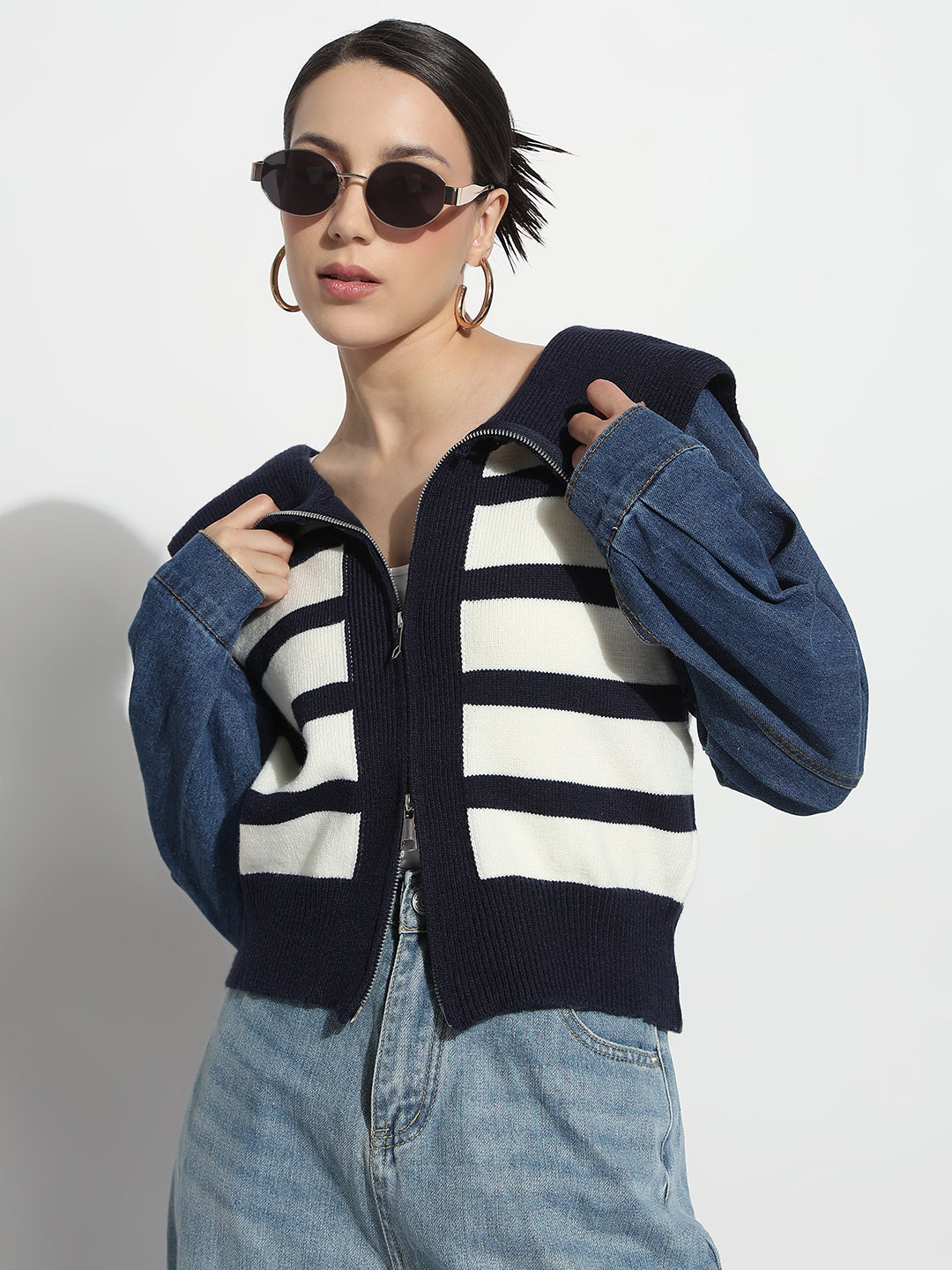 Women's Striped Blue Relaxed Fit Tailored Jacket with Zip