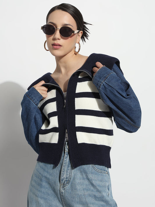 Women's Striped Blue Relaxed Fit Tailored Jacket with Zip