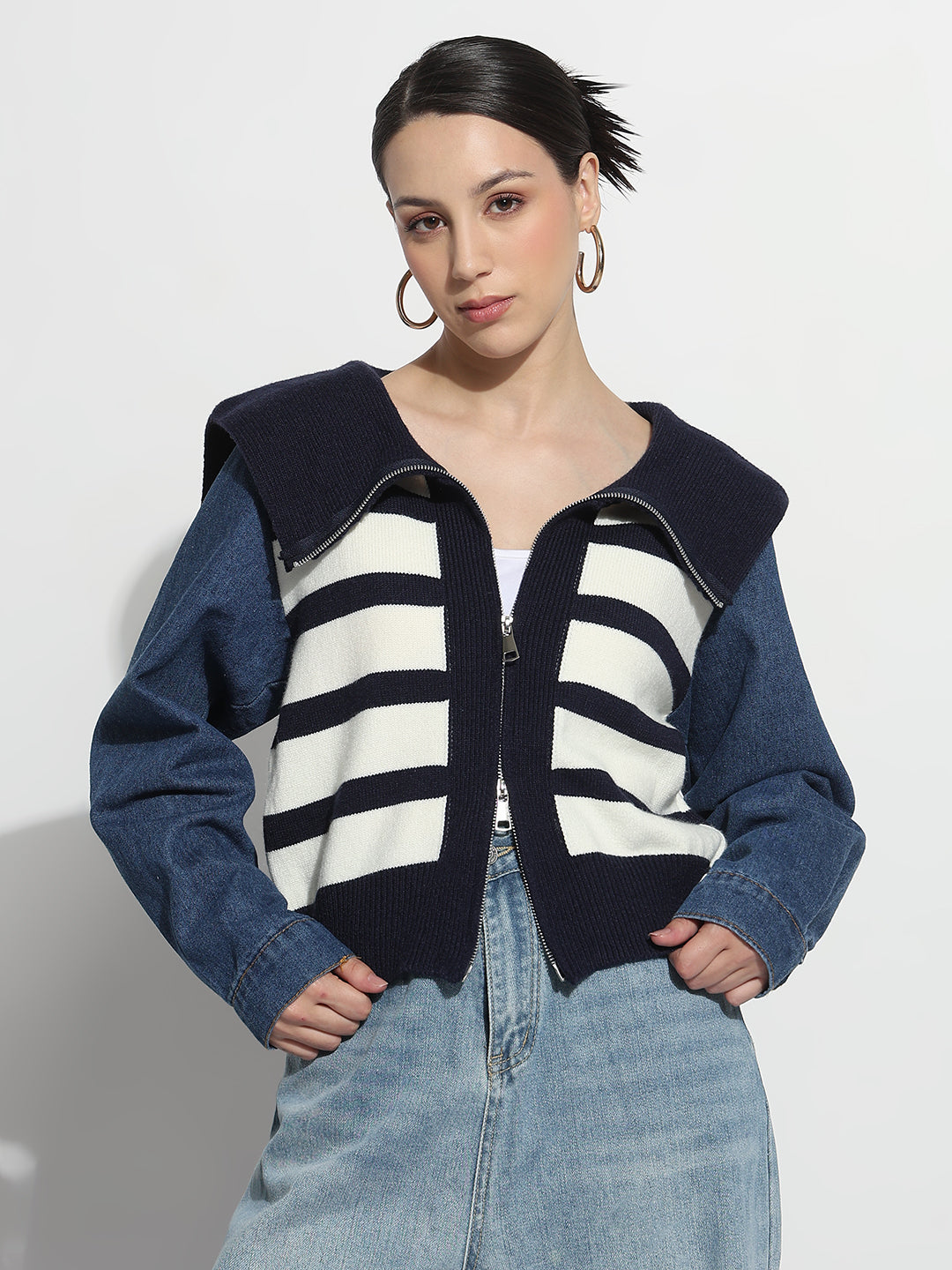 Women's Striped Blue Relaxed Fit Tailored Jacket with Zip