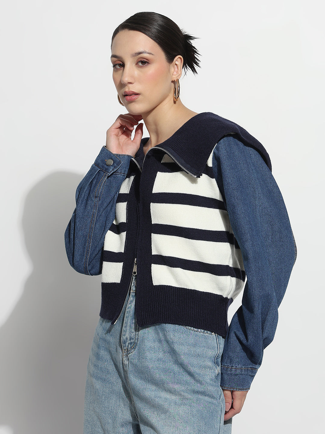 Women's Striped Blue Relaxed Fit Tailored Jacket with Zip