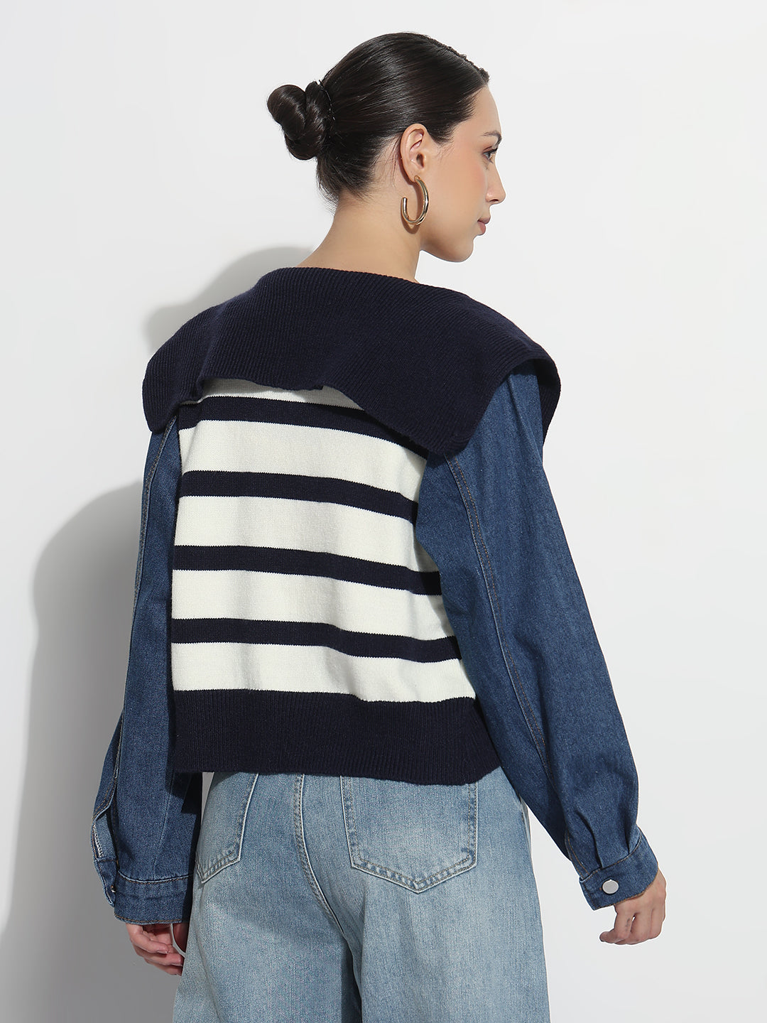 Women's Striped Blue Relaxed Fit Tailored Jacket with Zip