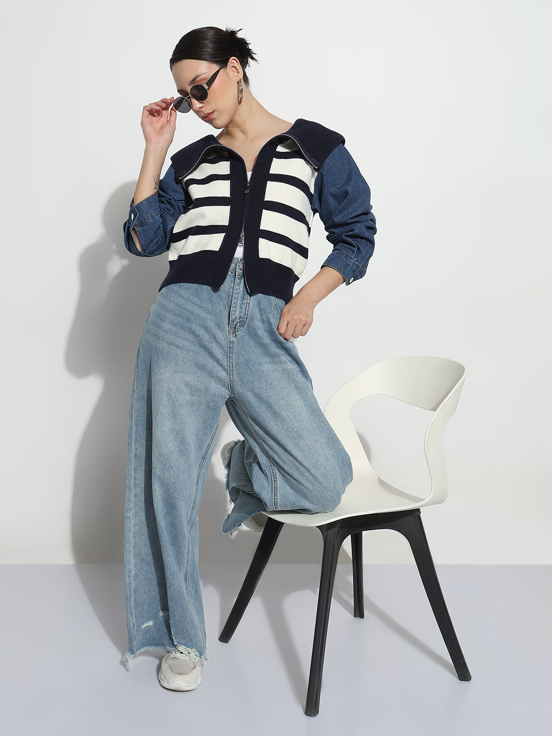 Women's Striped Blue Relaxed Fit Tailored Jacket with Zip