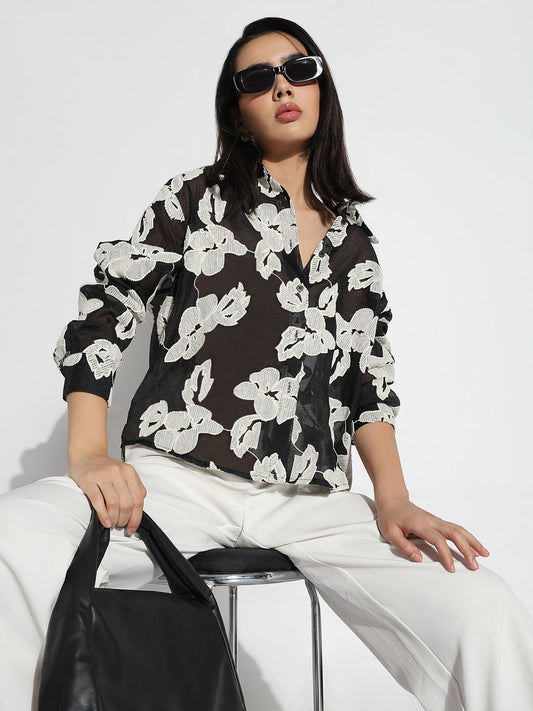 Women's Relaxed Fit Black & White Floral Shirt