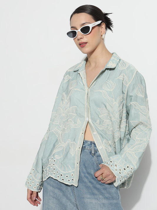 Women's Floral Sea Green Regular Fit Shirt