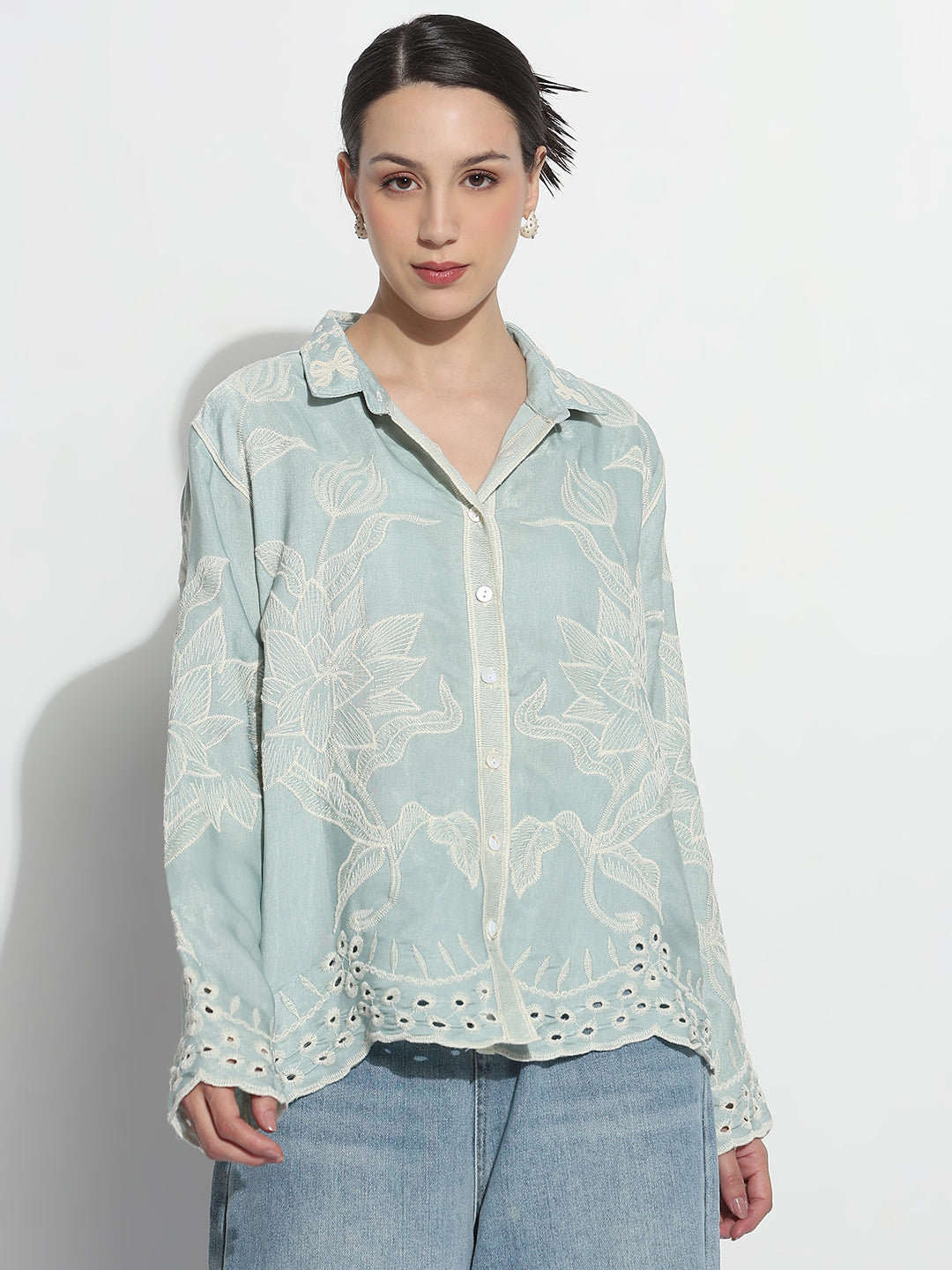 Women's Floral Sea Green Regular Fit Shirt