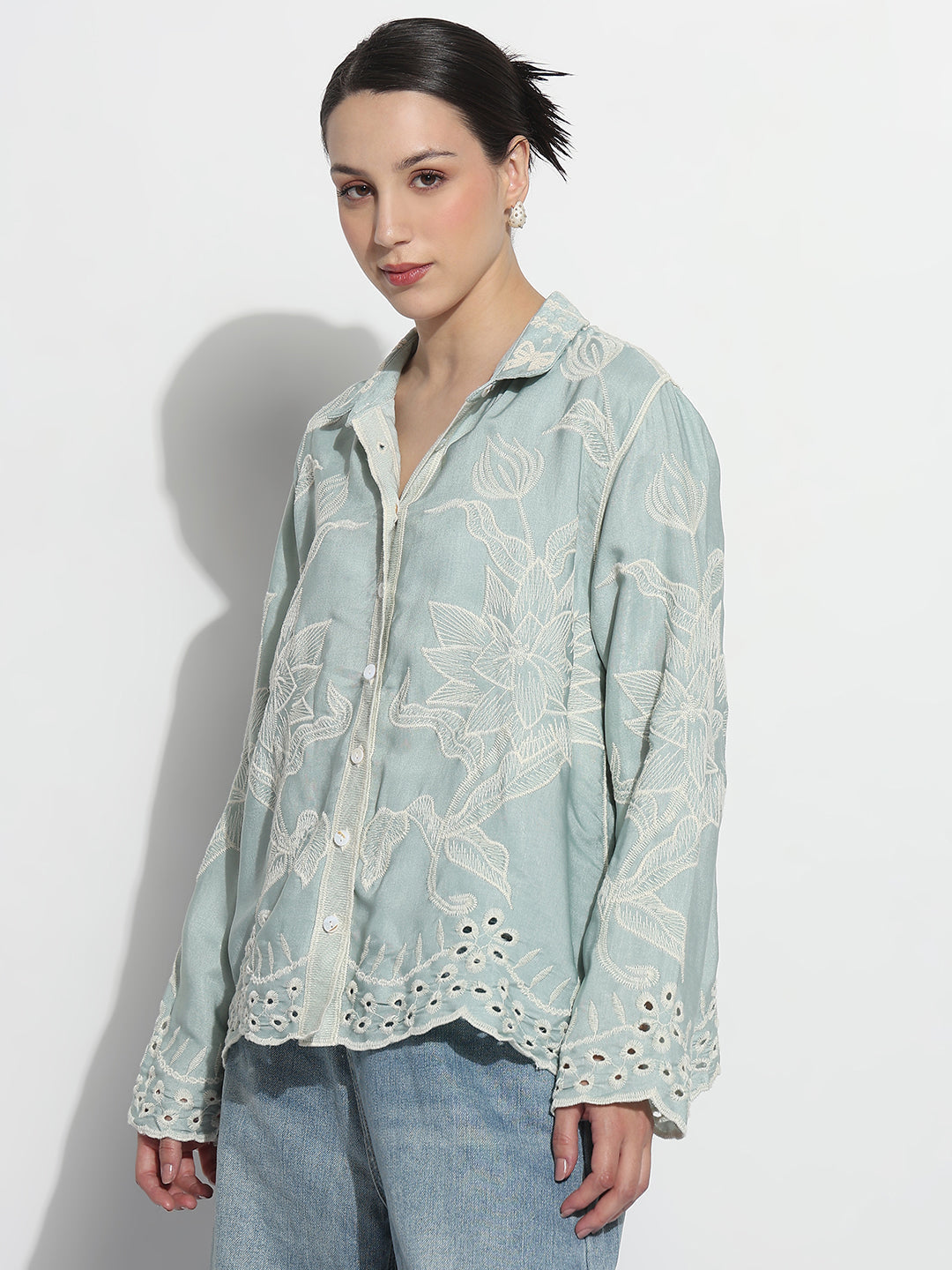 Women's Floral Sea Green Regular Fit Shirt