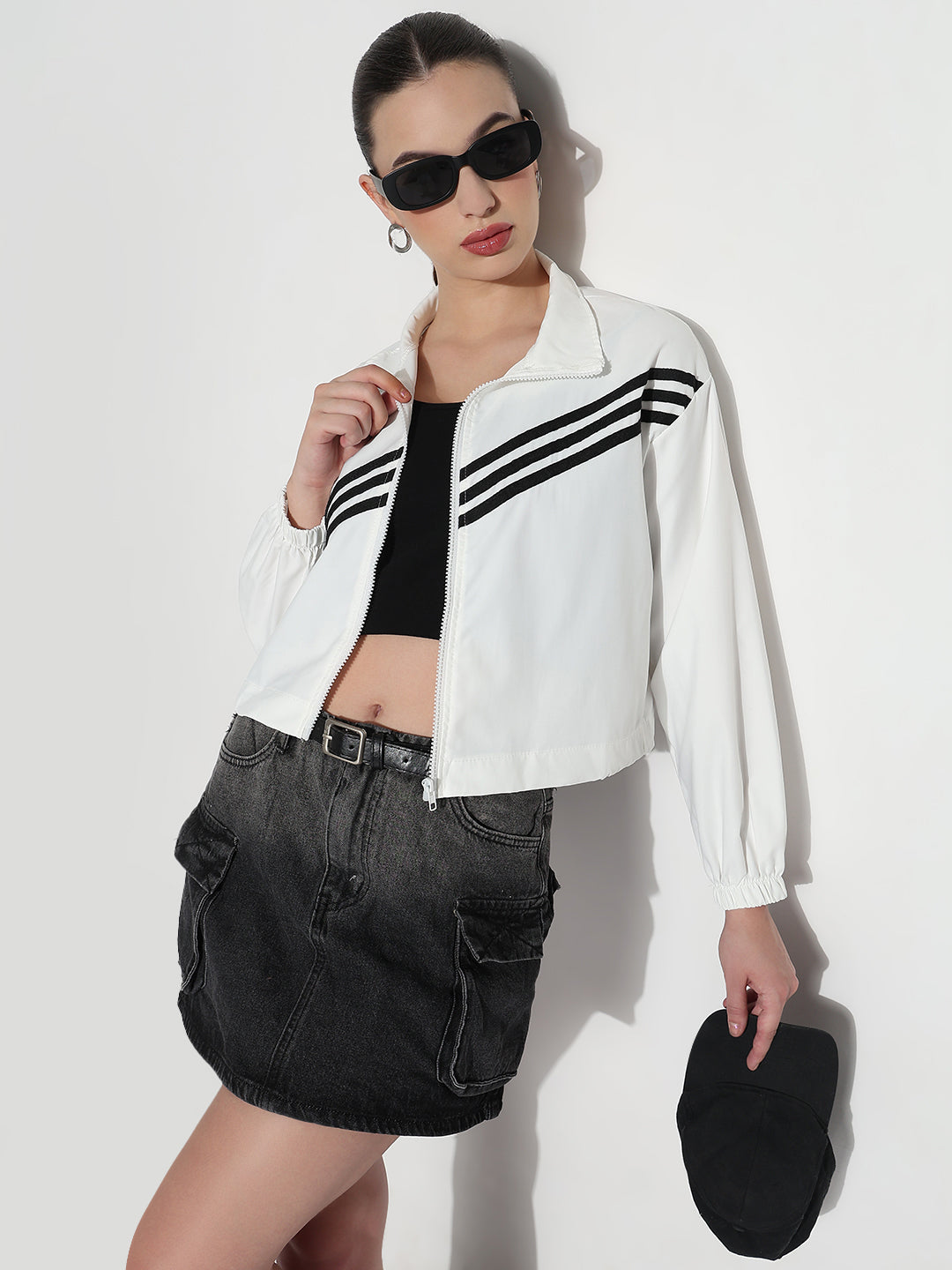Women's Striped White Mock Collar Relaxed Fit Zipper Jacket