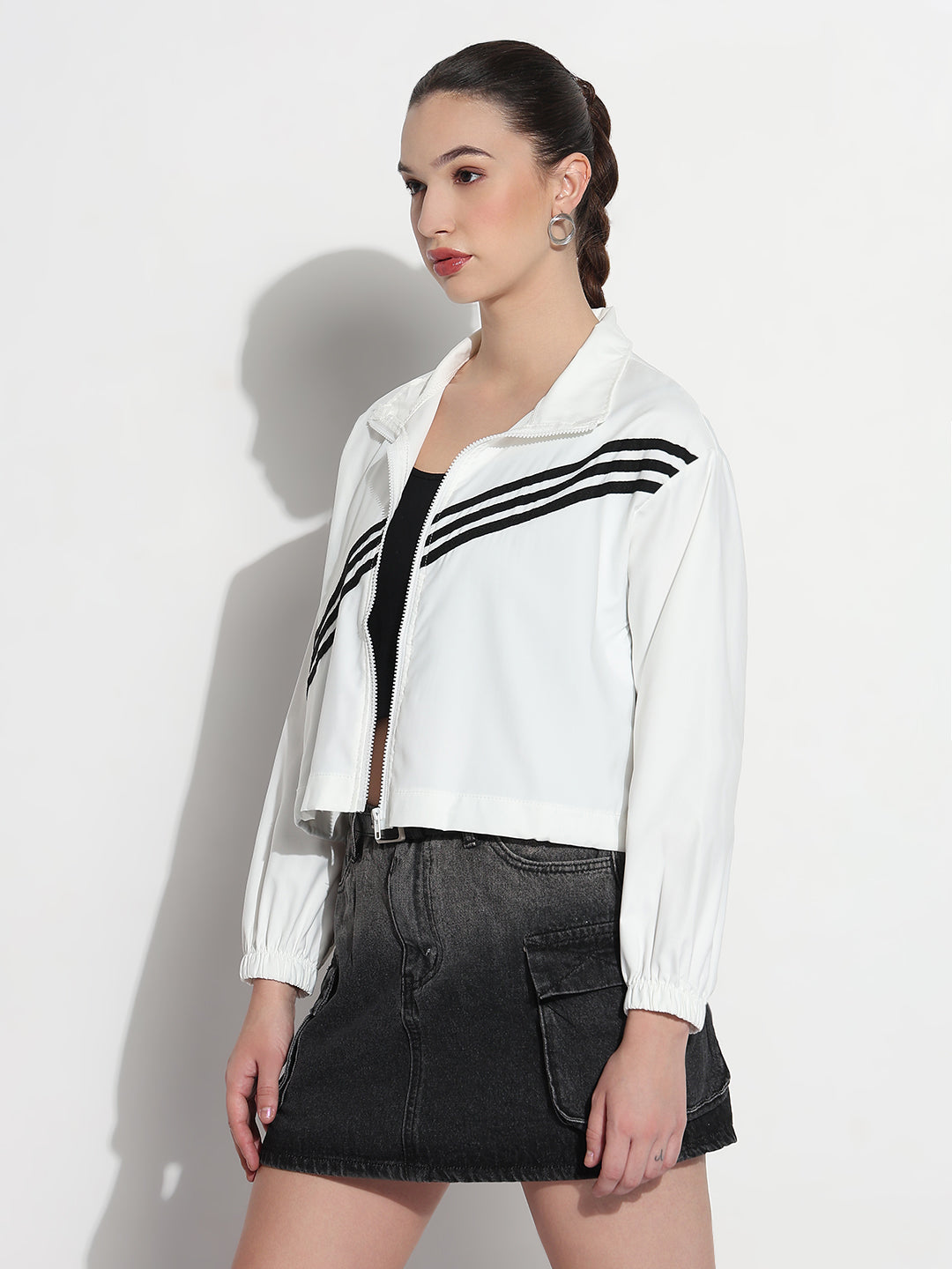 Women's Striped White Mock Collar Relaxed Fit Zipper Jacket