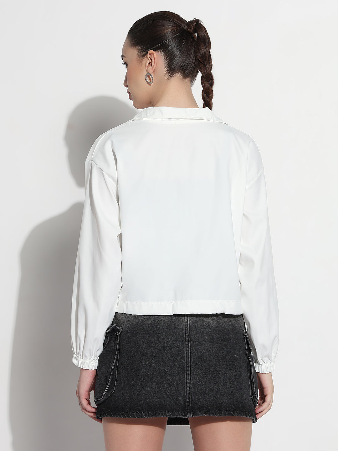 Women's Striped White Mock Collar Relaxed Fit Zipper Jacket