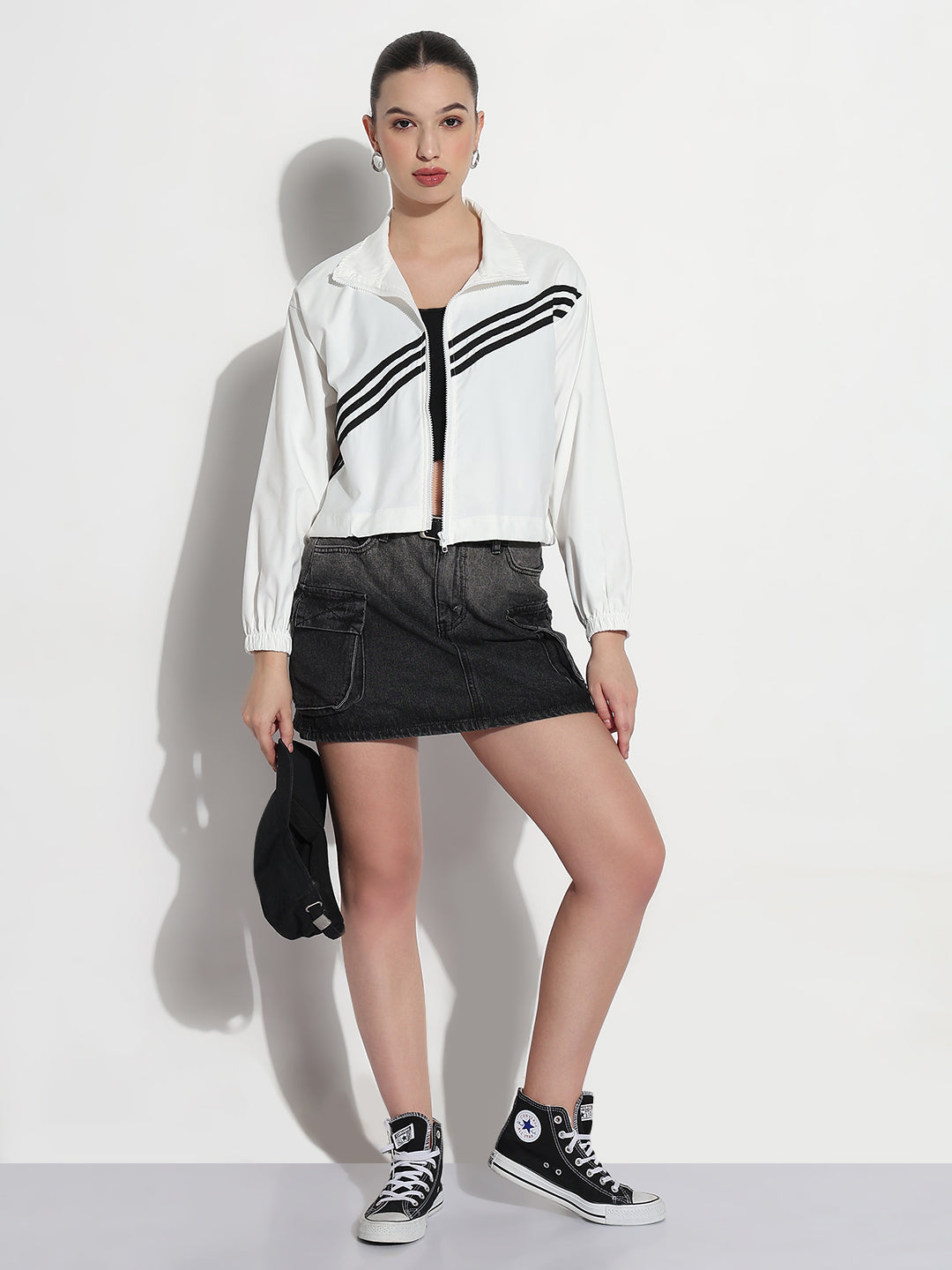 Women's Striped White Mock Collar Relaxed Fit Zipper Jacket