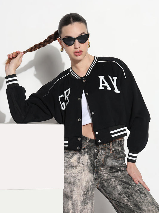 Women's Typography Black Mandarin Collar Relaxed Fit Varsity Jacket