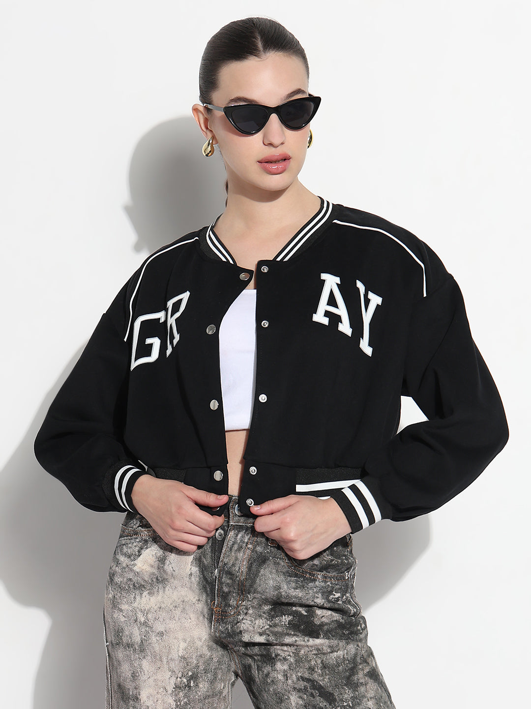 Women's Typography Black Mandarin Collar Relaxed Fit Varsity Jacket