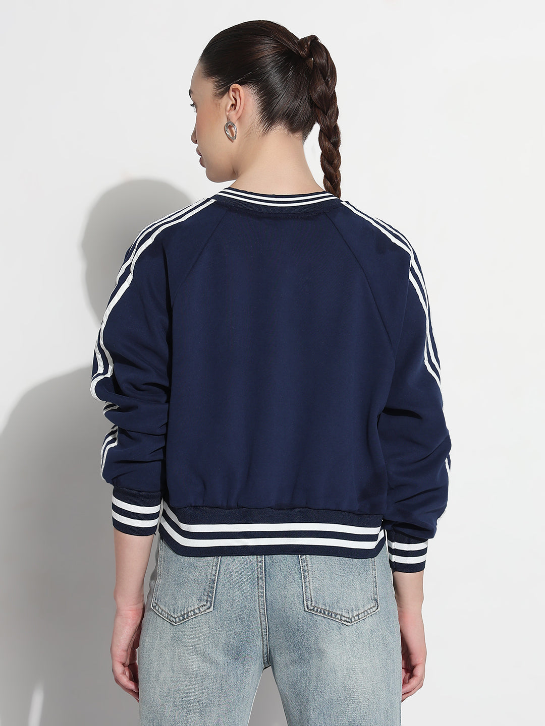 Women's Typography Navy Blue Mandarin Collar Relaxed Fit Varsity Jacket