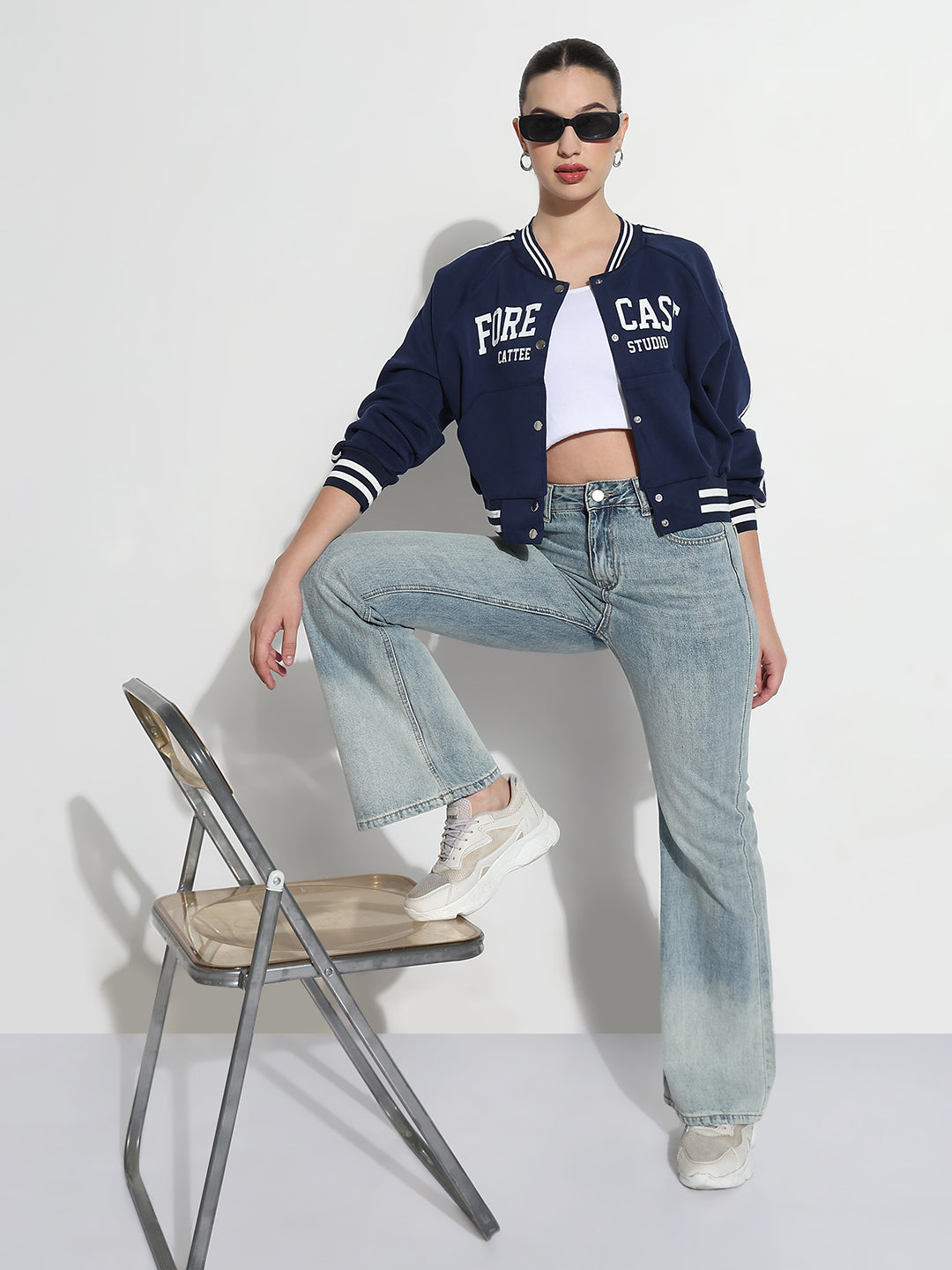 Women's Typography Navy Blue Mandarin Collar Relaxed Fit Varsity Jacket