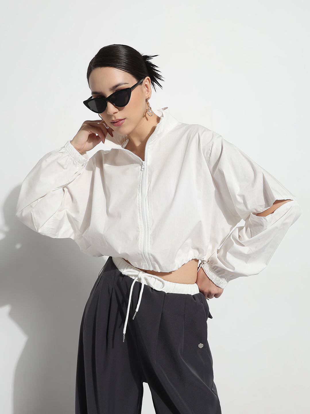 Women's White Mock Collar Relaxed Fit Zipper Crop Tailored Jacket