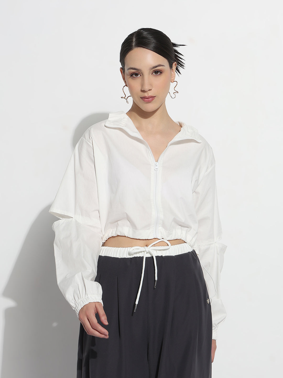 Women's White Mock Collar Relaxed Fit Zipper Crop Tailored Jacket