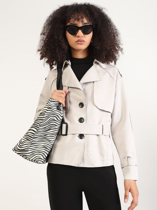 Women's Solid Grey Lapel Collar Tailored Jacket with Fabric Belt and WristBelt