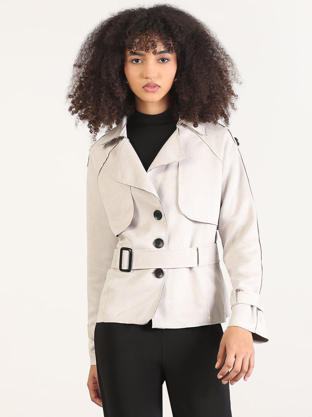 Women's Solid Grey Lapel Collar Tailored Jacket with Fabric Belt and WristBelt