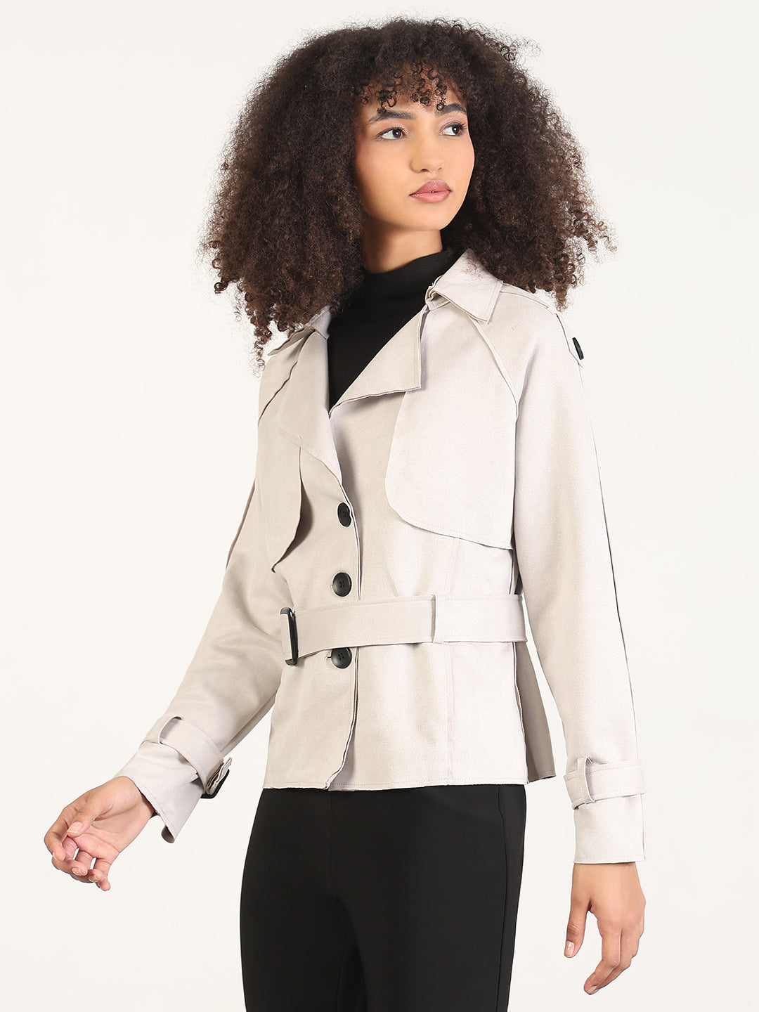Women's Solid Grey Lapel Collar Tailored Jacket with Fabric Belt and WristBelt