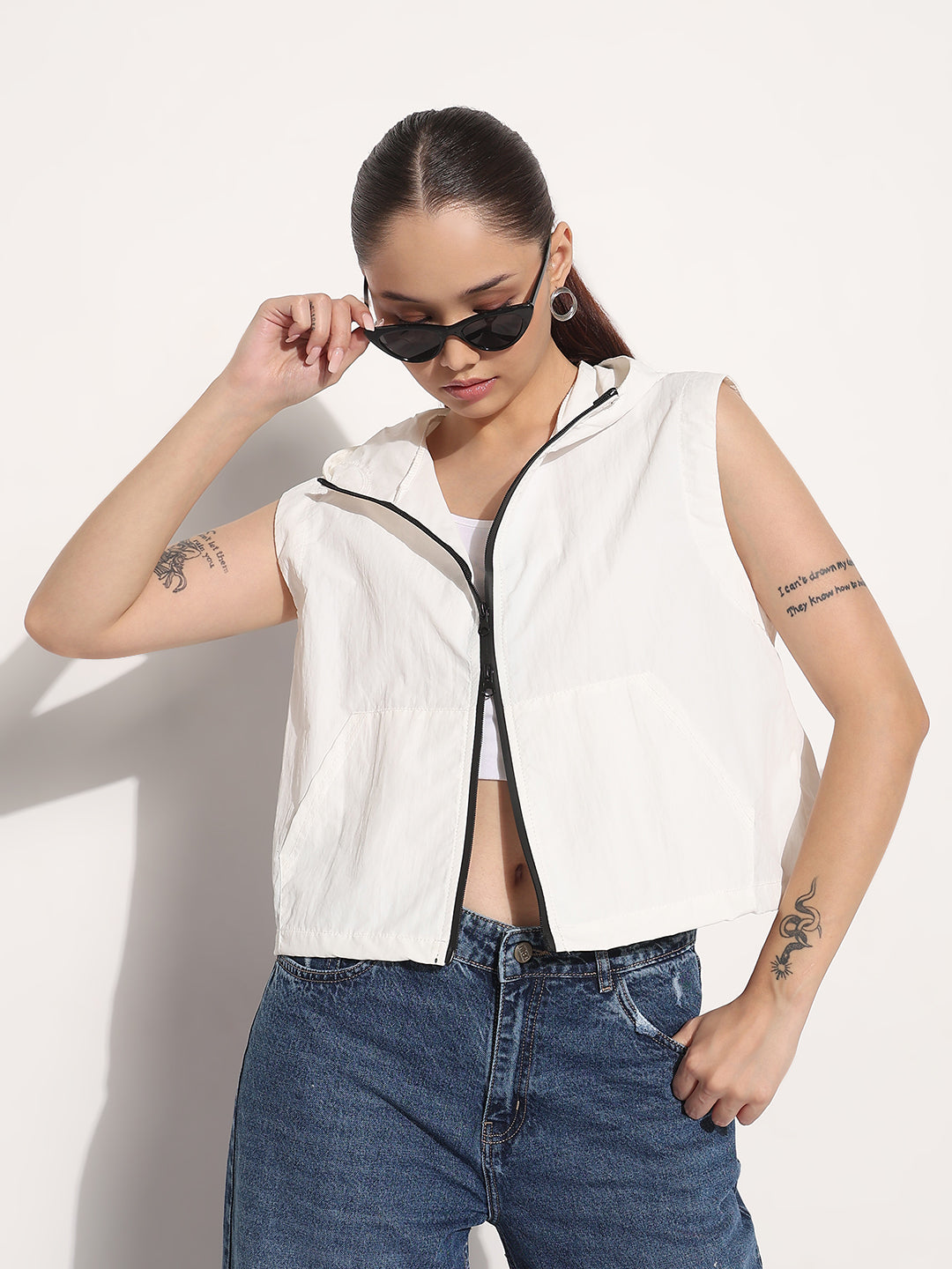 Women's White Hooded Sleeveless Bomber Jacket