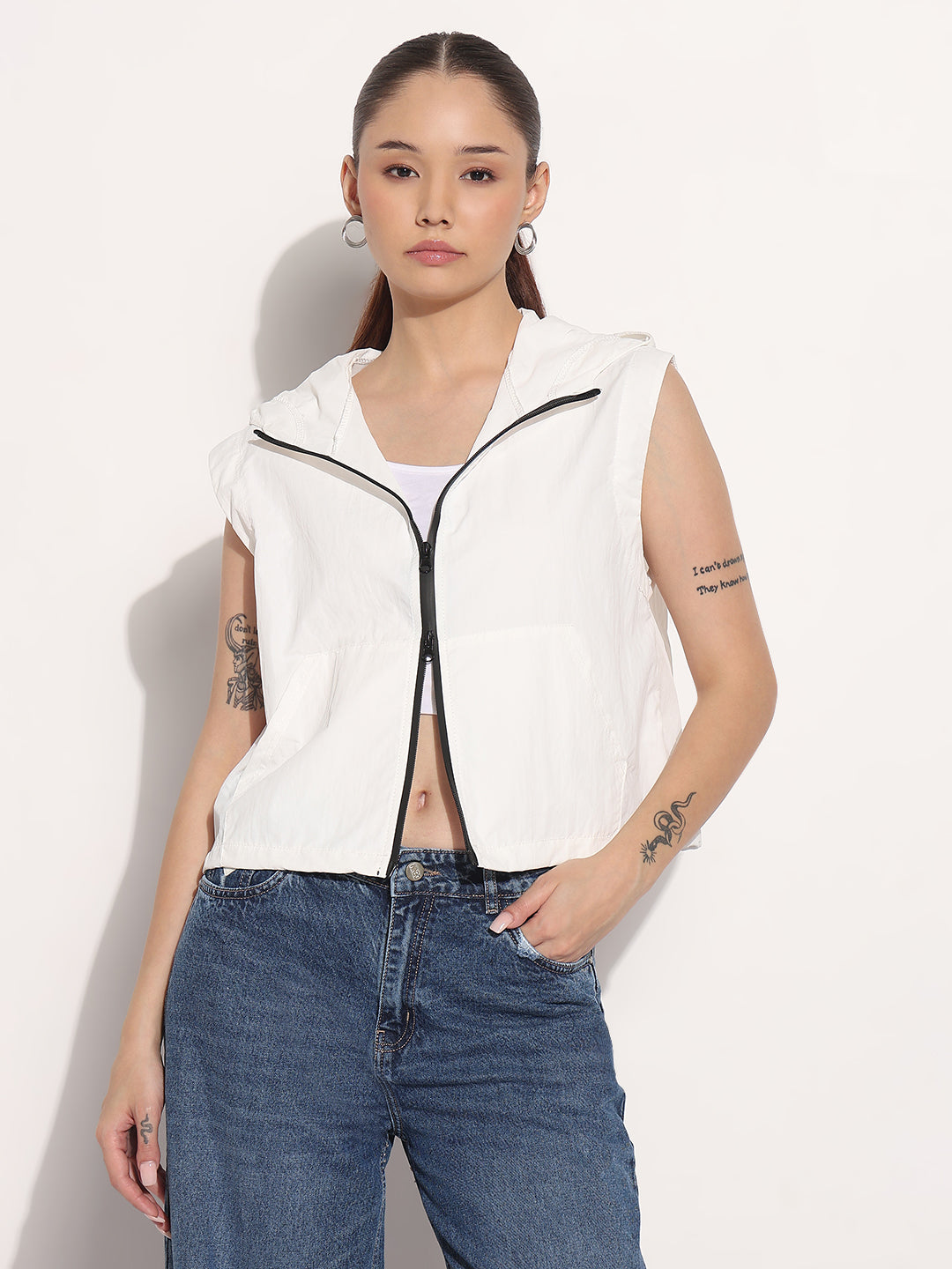 Women's White Hooded Sleeveless Bomber Jacket