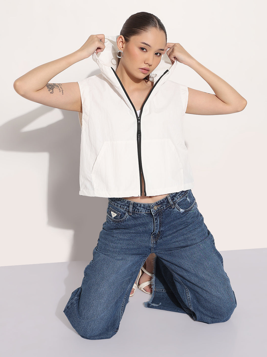 Women's White Hooded Sleeveless Bomber Jacket