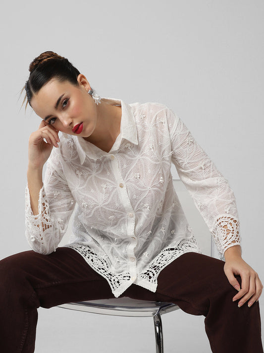 Women's White Comfort Floral Opaque Casual Shirt