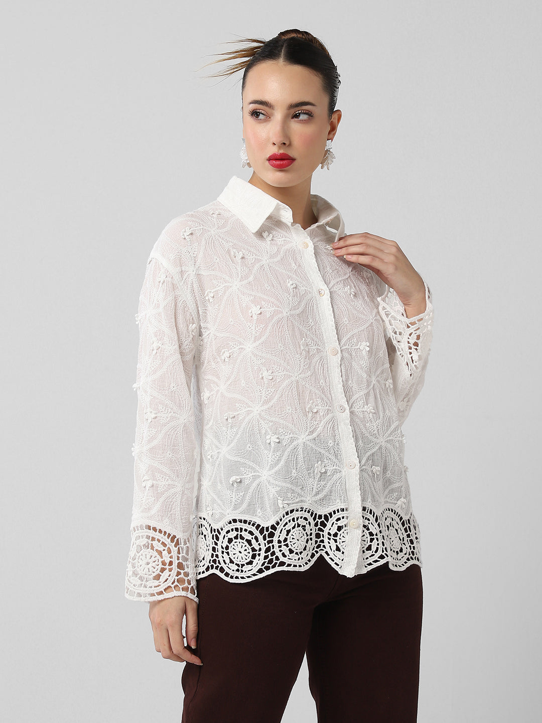 Women's White Comfort Floral Opaque Casual Shirt
