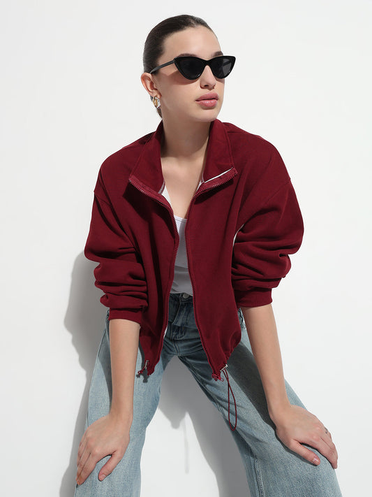 Women's Striped Maroon Mock Collar Relaxed Fit Zipper Jacket
