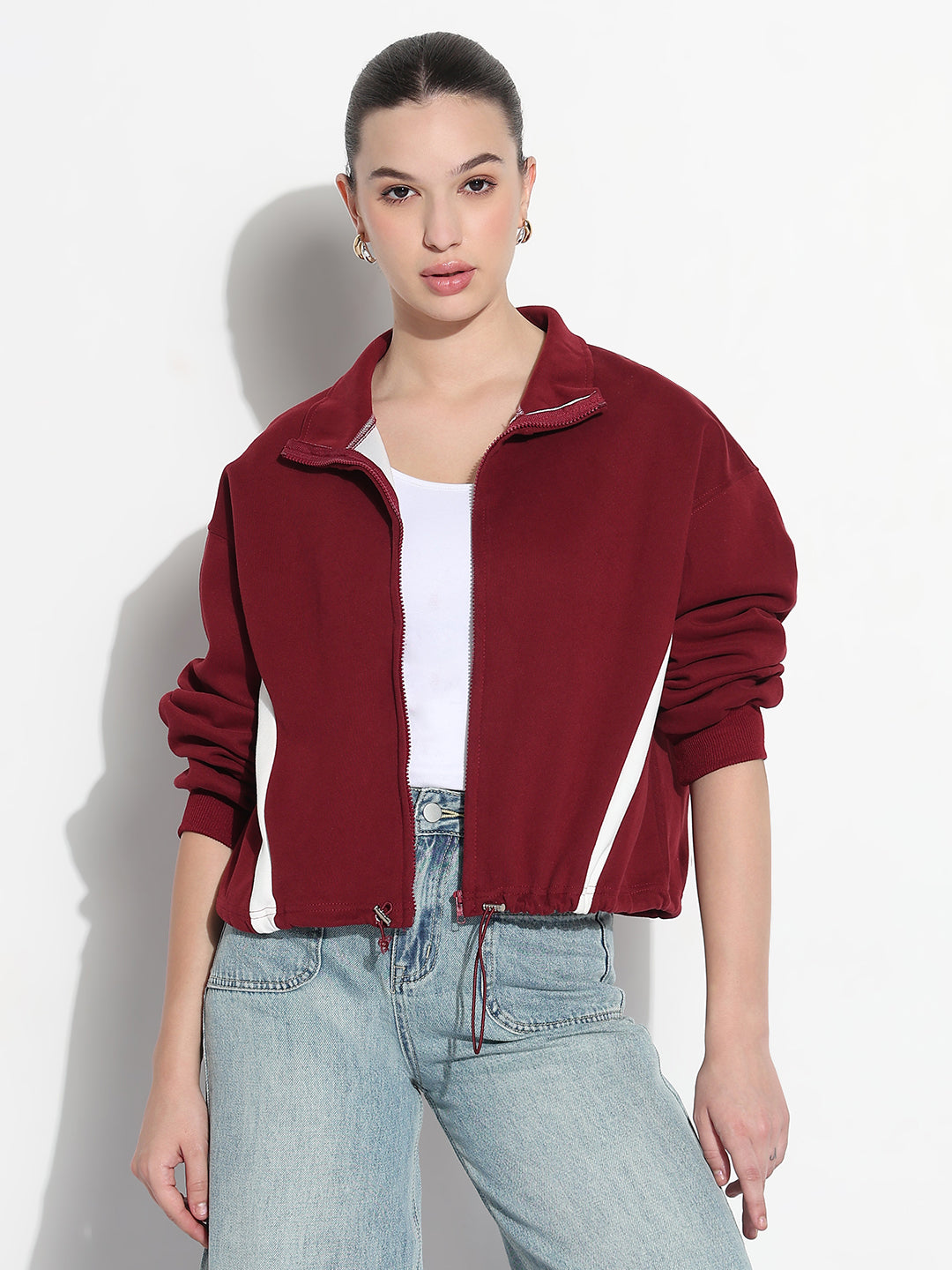 Women's Striped Maroon Mock Collar Relaxed Fit Zipper Jacket