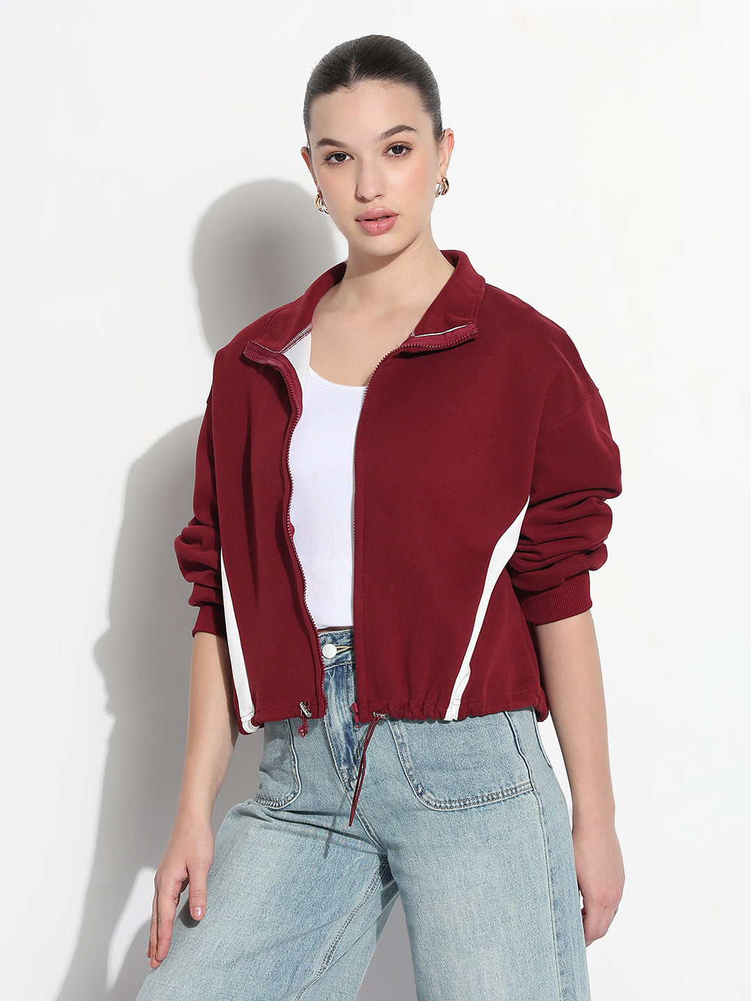 Women's Striped Maroon Mock Collar Relaxed Fit Zipper Jacket