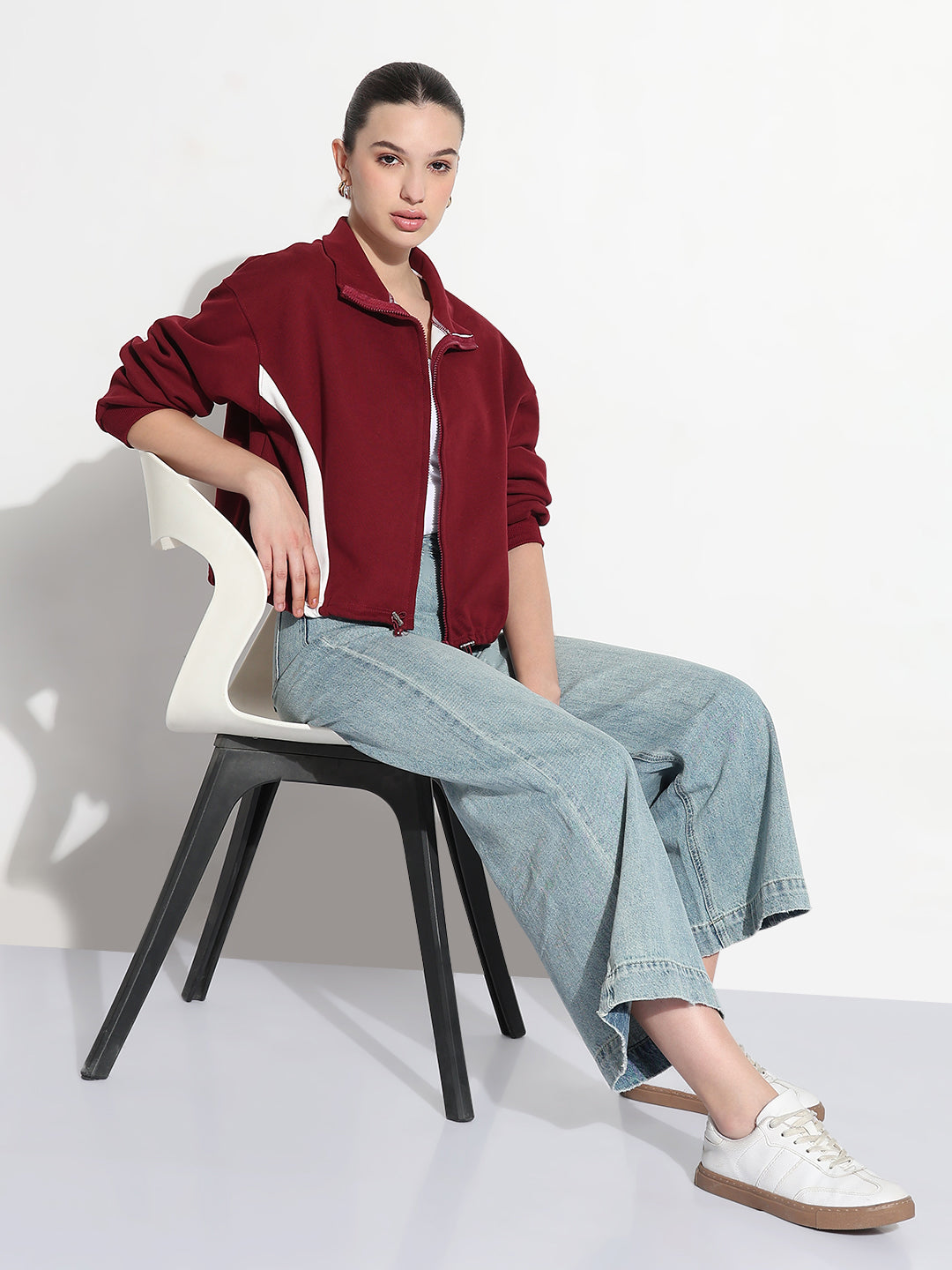 Women's Striped Maroon Mock Collar Relaxed Fit Zipper Jacket