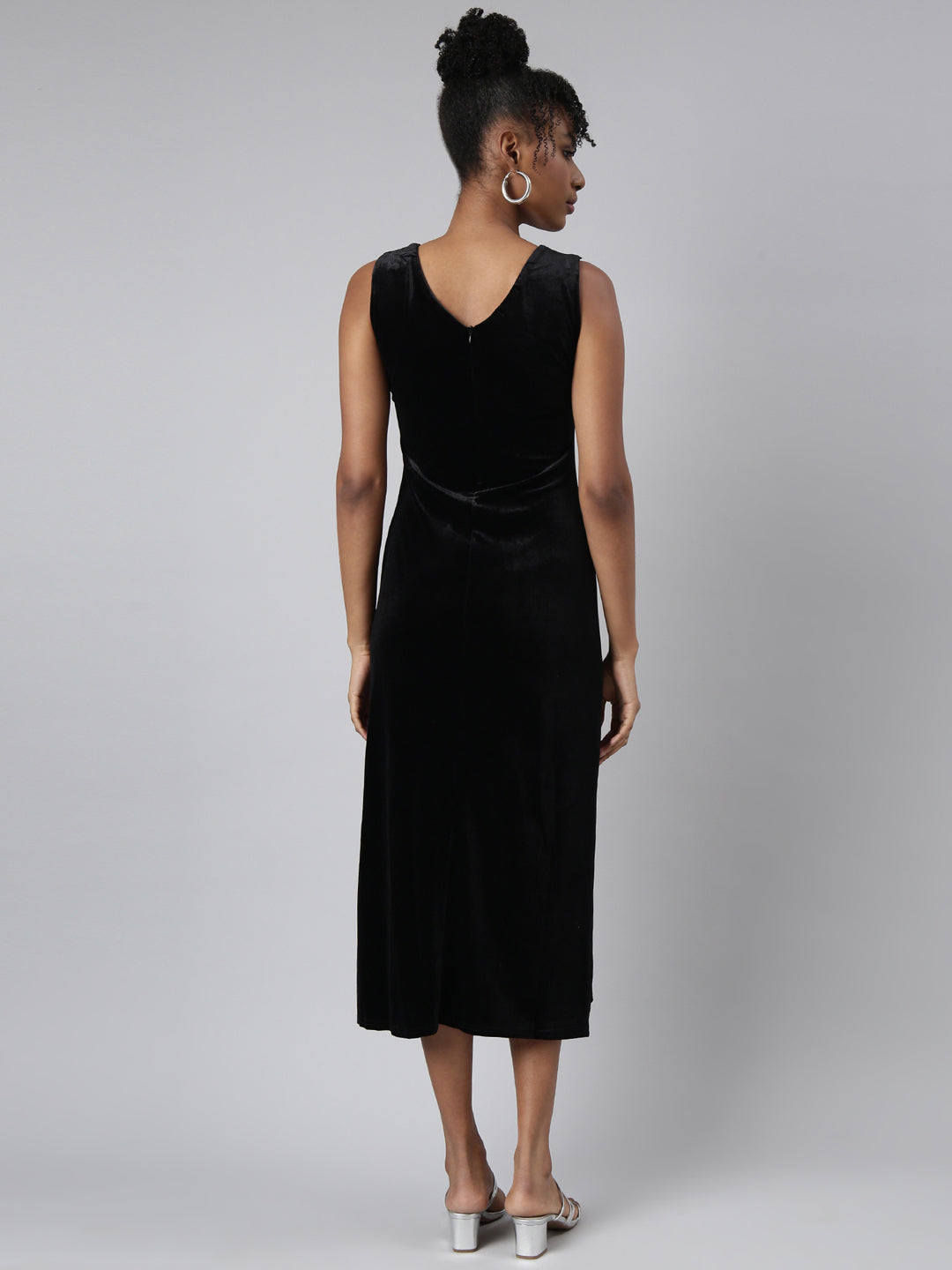 Women's Black Velvet V-Neck A-Line Midi Dress