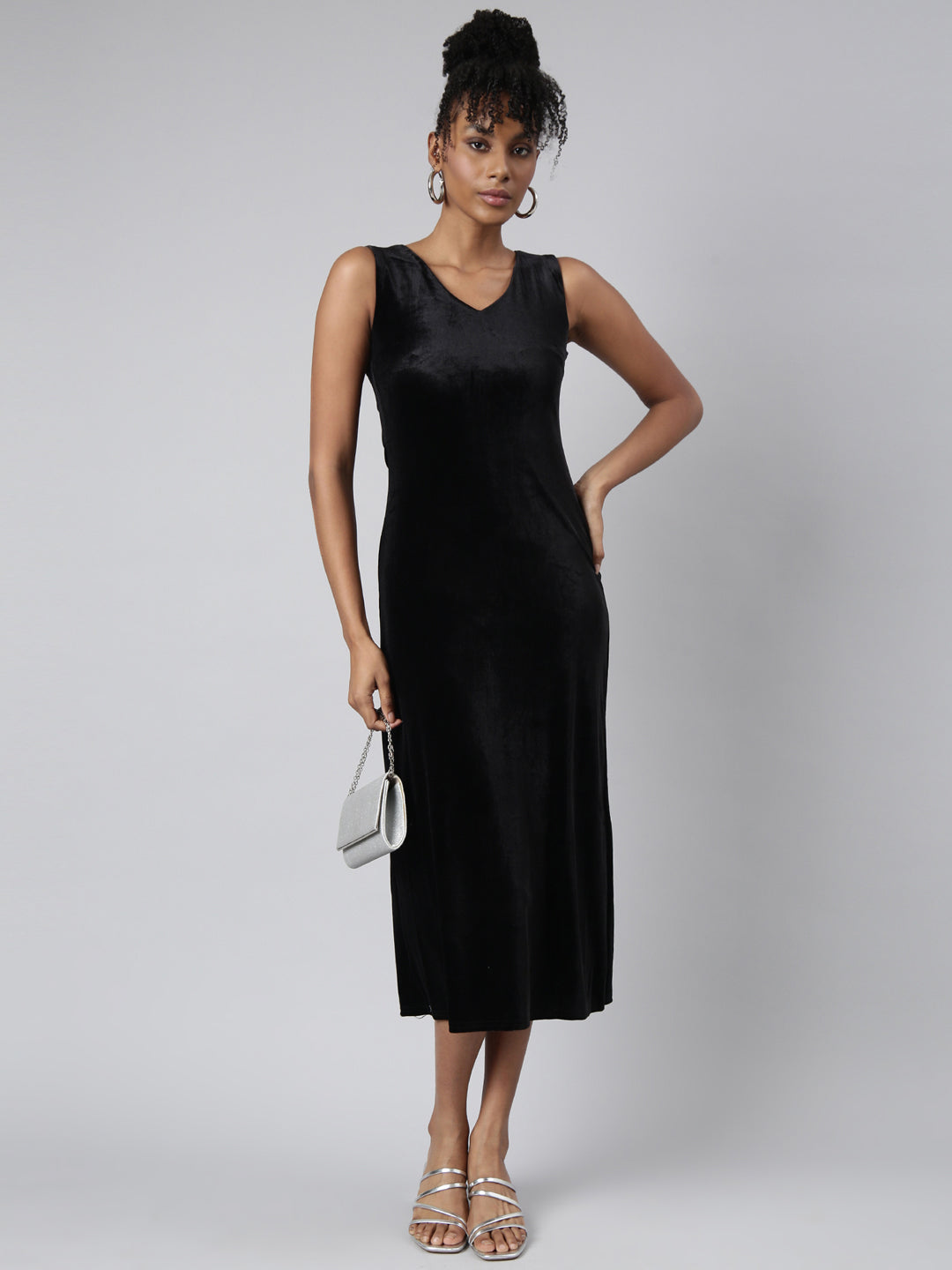 Women's Black Velvet V-Neck A-Line Midi Dress