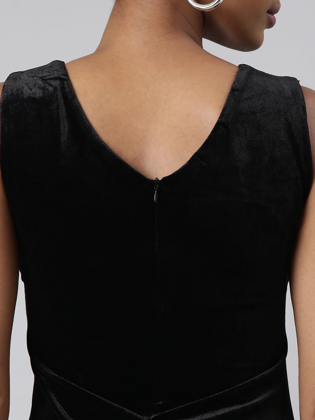 Women's Black Velvet V-Neck A-Line Midi Dress