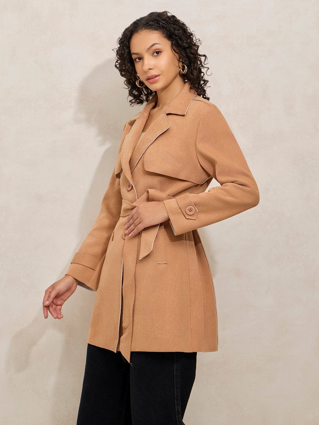 Women's Beige Trench Coat with Shoulder Flaps