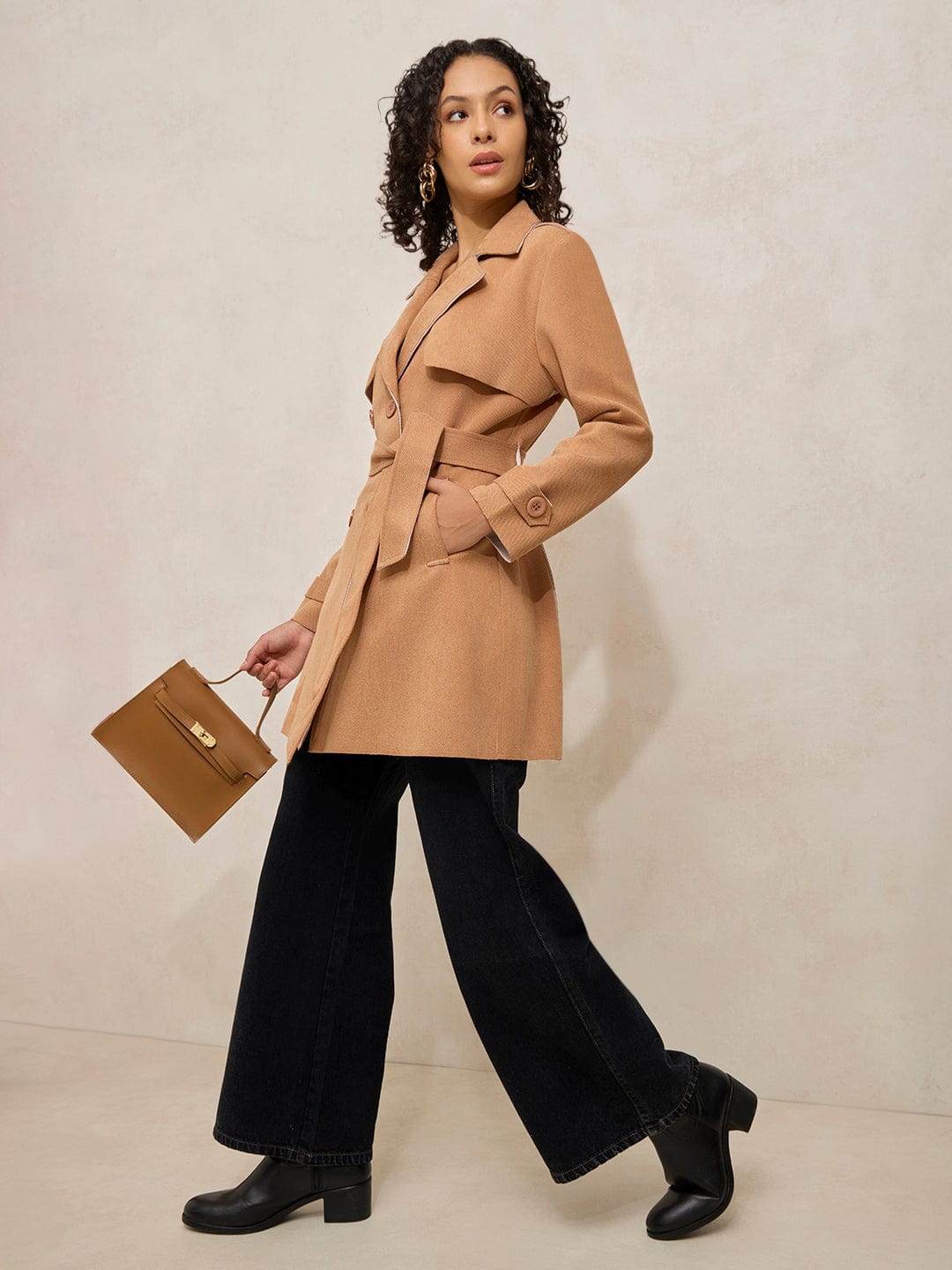 Women's Beige Trench Coat with Shoulder Flaps